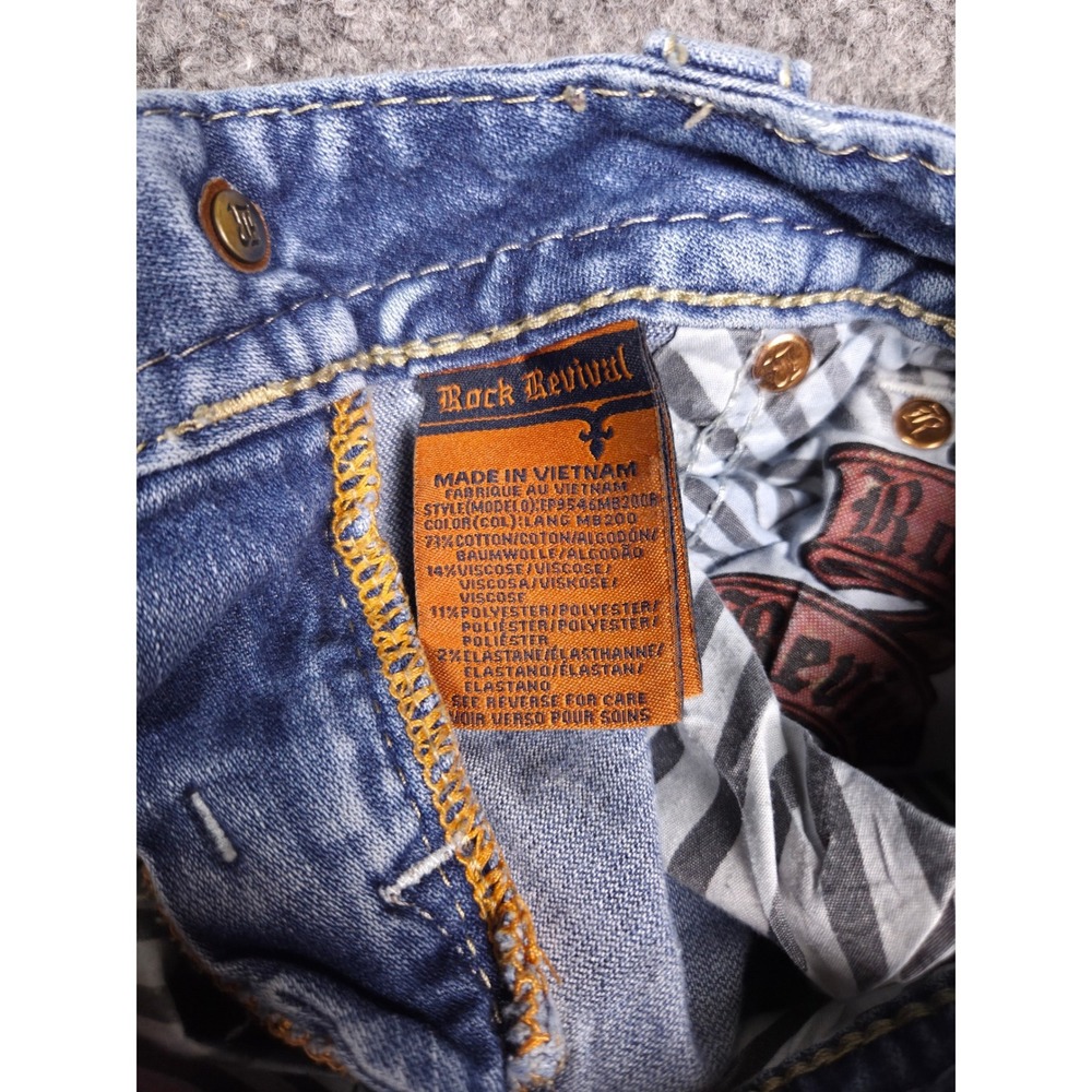 Rock Revival Lang Bootcut Jeans Womens 26 Blue Distressed Mid Rise Thick Stitch - Picture 13 of 13